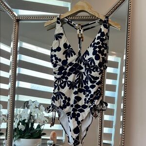 Trina Turk Blue and White One Piece with Plunging V-Neck
